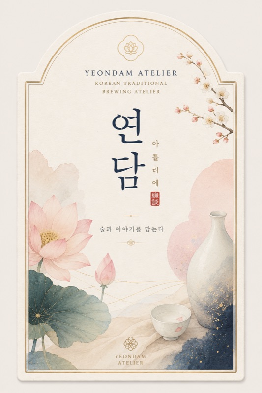 연담 아뜰리에 라벨 그림 — 아치형 금선 안에 연꽃·매화·백자 술병과 잔, 낙관 緣談, 「술과 이야기를 담는다」